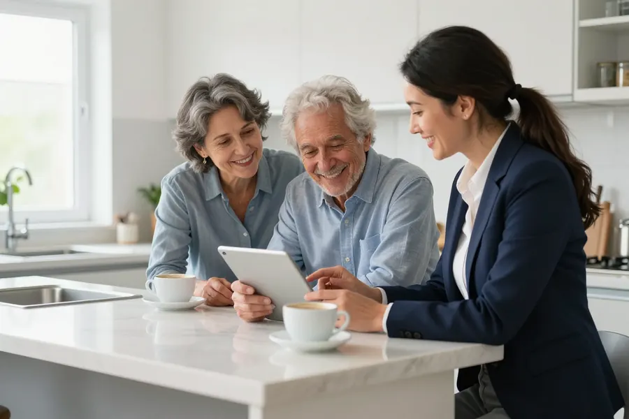 An agent going through a home valuation on a tablet with a couple at their kitchen island
