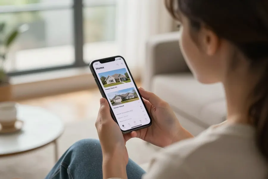 A woman on her sofa browsing homes for sale on her phone